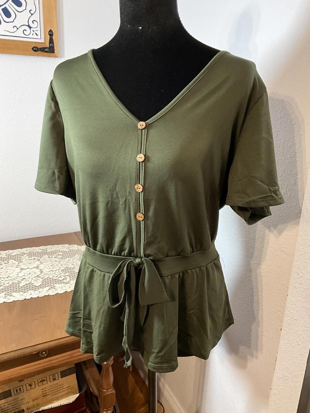Versatile Lavash XL Olive Green Short Sleeve Button Peplum Top with Waist Tie